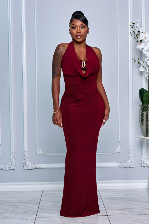 COWL NECKLINE HALTER MERMAID MAXI DRESS (BURGUNDY)