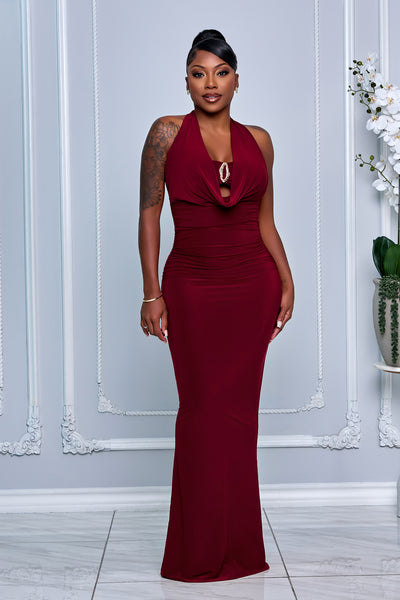 COWL NECKLINE HALTER MERMAID MAXI DRESS (BURGUNDY)