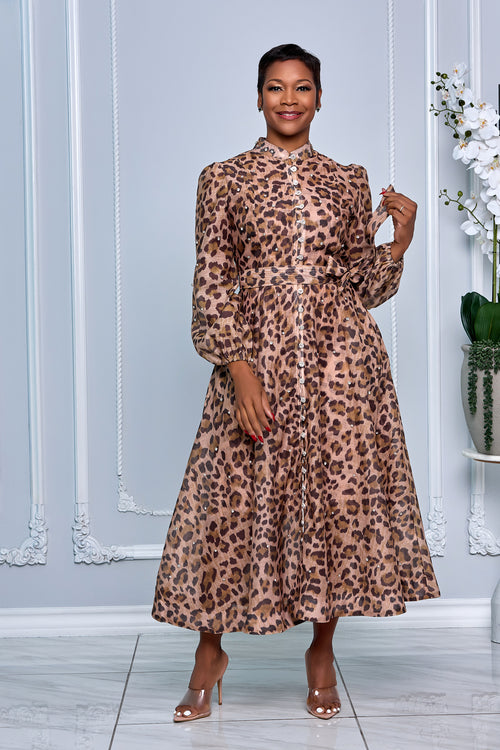RHINESTONE EMBELLISHED BUTTON DOWN A-LINE DRESS (LEOPARD-PRINT)