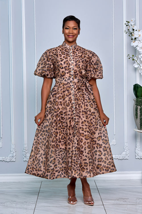 RHINESTONE EMBELLISHED BUTTON DOWN A-LINE DRESS (LEOPARD-PRINT)