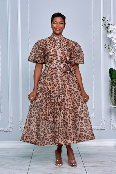 RHINESTONE EMBELLISHED BUTTON DOWN A-LINE DRESS (LEOPARD-PRINT)