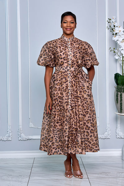 RHINESTONE EMBELLISHED BUTTON DOWN A-LINE DRESS (LEOPARD-PRINT)