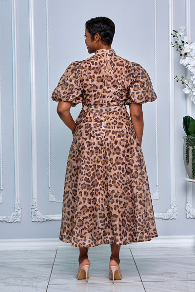 RHINESTONE EMBELLISHED BUTTON DOWN A-LINE DRESS (LEOPARD-PRINT)