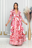 DOLCE V-NECK 3/4 SLEEVE FIT & FLARE WRAP MAXI DRESS (MULTI PRINT)