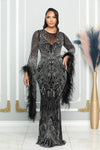 RHINESTONES FEATHER SLEEVES STATEMENT GOWN (BLACK)