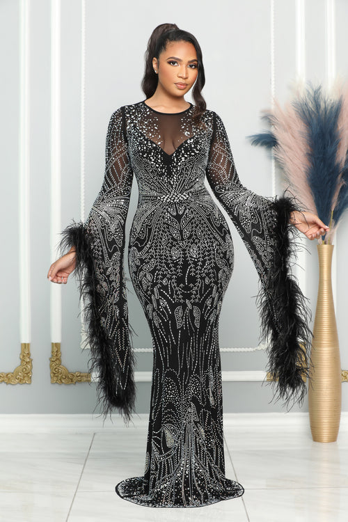 RHINESTONES FEATHER SLEEVES STATEMENT GOWN (BLACK)