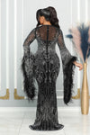 RHINESTONES FEATHER SLEEVES STATEMENT GOWN (BLACK)