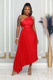PLEATED SINGLE SHOULDER MAXI DRESS (RED)