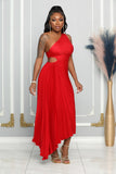 PLEATED SINGLE SHOULDER MAXI DRESS (RED)