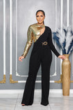 GOLD SEQUIN SLEEVE CUTOUT DETAIL CAPE BOTTOM JUMPSUIT (BLACK)