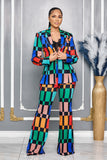 MULTI COLOR CHECKER PRINT BLAZER BOOTCUT PANTS SET