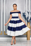 ELEGANT OFF-THE-SHOULDER A-LINE DRESS (NAVY/WHITE)