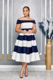 ELEGANT OFF-THE-SHOULDER A-LINE DRESS (NAVY/WHITE)