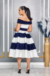 ELEGANT OFF-THE-SHOULDER A-LINE DRESS (NAVY/WHITE)