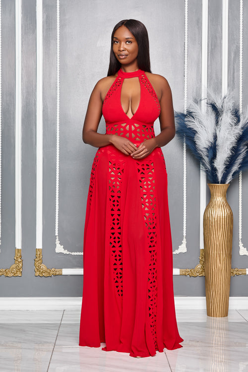 CHOKER NECK LASER CUT EYELET MAXI DRESS (RED)