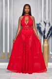 CHOKER NECK LASER CUT EYELET MAXI DRESS (RED)