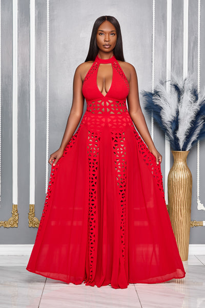 CHOKER NECK LASER CUT EYELET MAXI DRESS (RED)