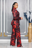 RED ROSES FLORAL PRINT BLAZER AND PANTS SUIT (RED/BLACK)