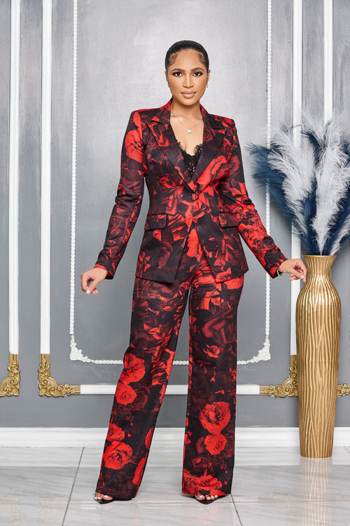 RED ROSES FLORAL PRINT BLAZER AND PANTS SUIT (RED/BLACK)