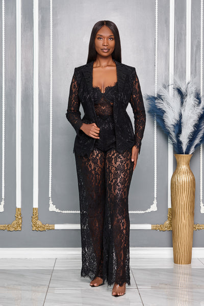 FLORAL LACE BANDEAU WITH MATCHING BLAZER & PANTS SET (BLACK)