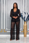 FLORAL LACE BANDEAU WITH MATCHING BLAZER & PANTS SET (BLACK)