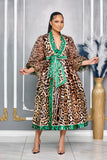 LEOPARD PRINT WRAP AROUND FLARE DRESS WITH PUFFY SLEEVES