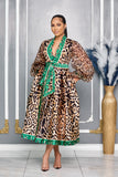 LEOPARD PRINT WRAP AROUND FLARE DRESS WITH PUFFY SLEEVES
