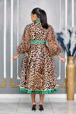 LEOPARD PRINT WRAP AROUND FLARE DRESS WITH PUFFY SLEEVES