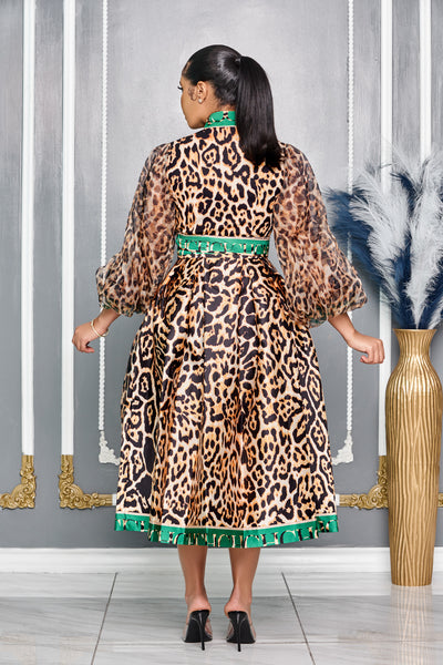 LEOPARD PRINT WRAP AROUND FLARE DRESS WITH PUFFY SLEEVES