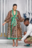 LEOPARD PRINT WRAP AROUND FLARE DRESS WITH PUFFY SLEEVES
