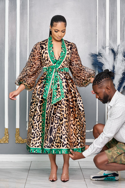 LEOPARD PRINT WRAP AROUND FLARE DRESS WITH PUFFY SLEEVES