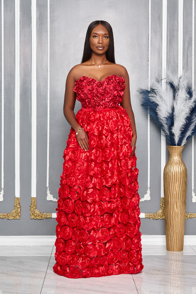 3D ROSETTES SWEETHEART TUBE MAXI DRESS (RED)