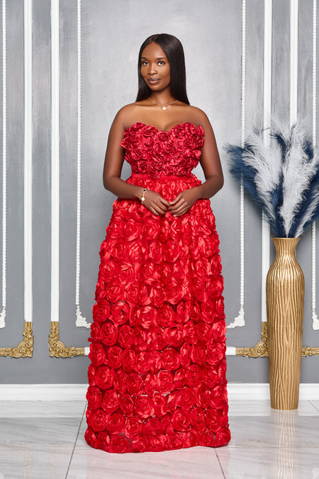 CHOKER NECK LASER CUT EYELET MAXI DRESS (RED)