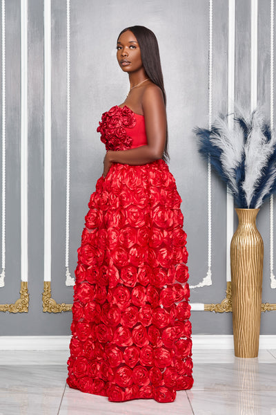 3D ROSETTES SWEETHEART TUBE MAXI DRESS (RED)