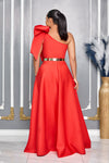 SINGLE SHOULDER BOW DETAIL MAXI DRESS WITH SLIT AND POCKETS (RED)