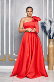 SINGLE SHOULDER BOW DETAIL MAXI DRESS WITH SLIT AND POCKETS (RED)