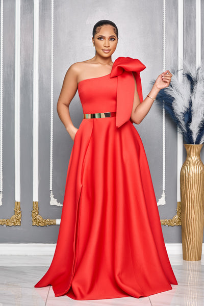 SINGLE SHOULDER BOW DETAIL MAXI DRESS WITH SLIT AND POCKETS (RED)