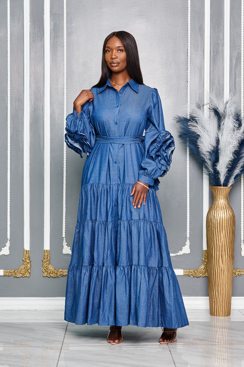 SOLID LONG SLEEVE WITH FLOWER DETAILING DENIM MAXI DRESS (DENIM)