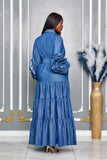 SOLID LONG SLEEVE WITH FLOWER DETAILING DENIM MAXI DRESS (DENIM)