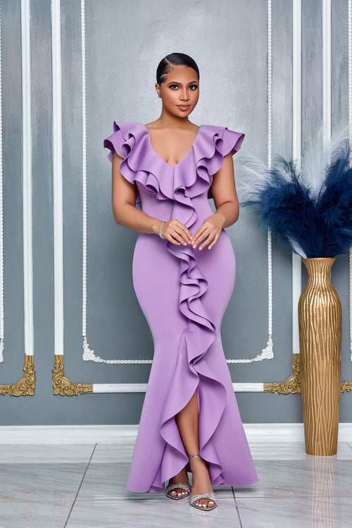 ELEGANT V-NECKLINE RUFFLES CASCADE LILAC GOWN