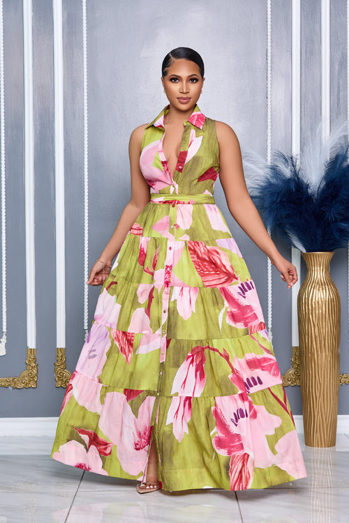 FLORAL PRINT SLEEVELESS BUTTON DOWN MAXI DRESS (LIME MULTI)