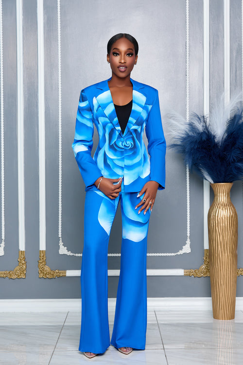 BLOOMING FLOWER ROYAL BLUE BLAZER AND PANTS SET