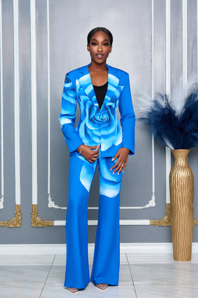 BLOOMING FLOWER ROYAL BLUE BLAZER AND PANTS SET