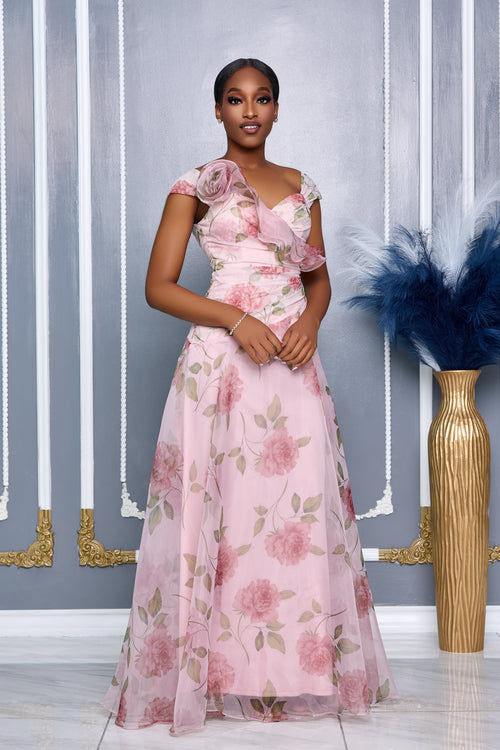 FLORAL PRINT FLOWER CORSAGE DETAIL MAXI DRESS  (PINK MULTI)