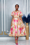 FLORAL BUTTON DOWN PUFF SHORT SLEEVE MIDI DRESS
