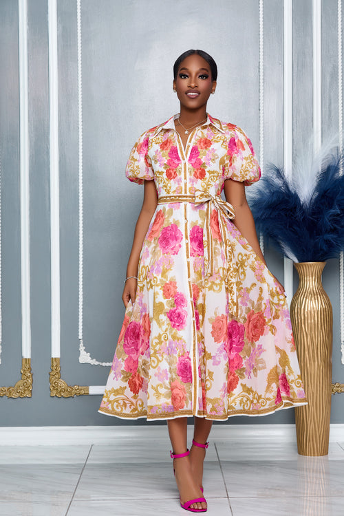 FLORAL BUTTON DOWN PUFF SHORT SLEEVE MIDI DRESS