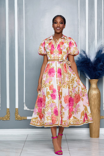 FLORAL BUTTON DOWN PUFF SHORT SLEEVE MIDI DRESS