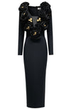 3D FLOWER NECKLINE EMBELLISHED LONG SLEEVE BANDAGE DRESS (BLACK)