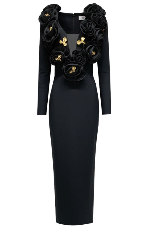 3D FLOWER NECKLINE EMBELLISHED LONG SLEEVE BANDAGE DRESS (BLACK)