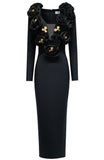 3D FLOWER NECKLINE EMBELLISHED LONG SLEEVE BANDAGE DRESS (BLACK)